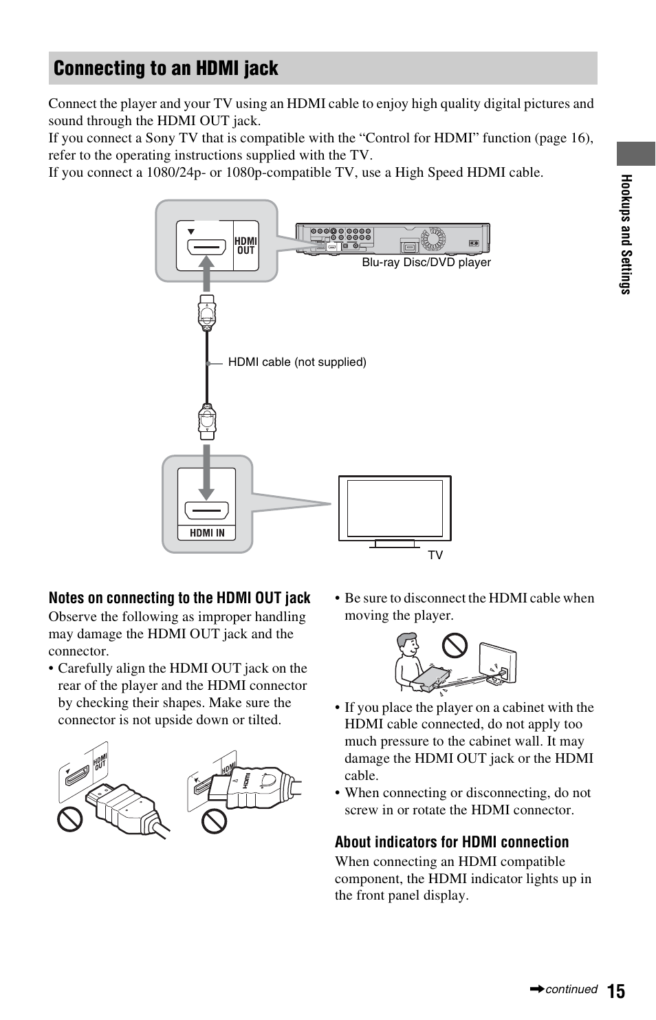 Connecting to an hdmi jack | Sony BDP-S550 User Manual | Page 15 / 83
