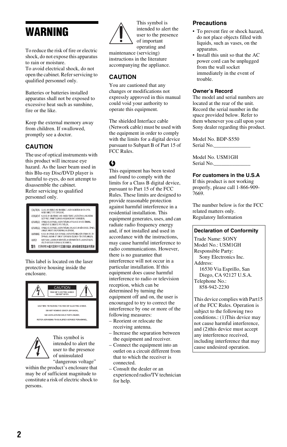 Warning | Sony BDP-S550 User Manual | Page 2 / 83