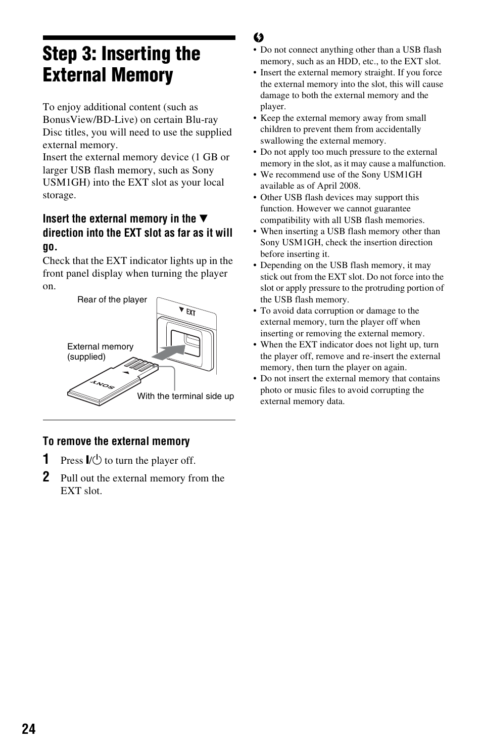 Step 3: inserting the external memory | Sony BDP-S550 User Manual | Page 24 / 83