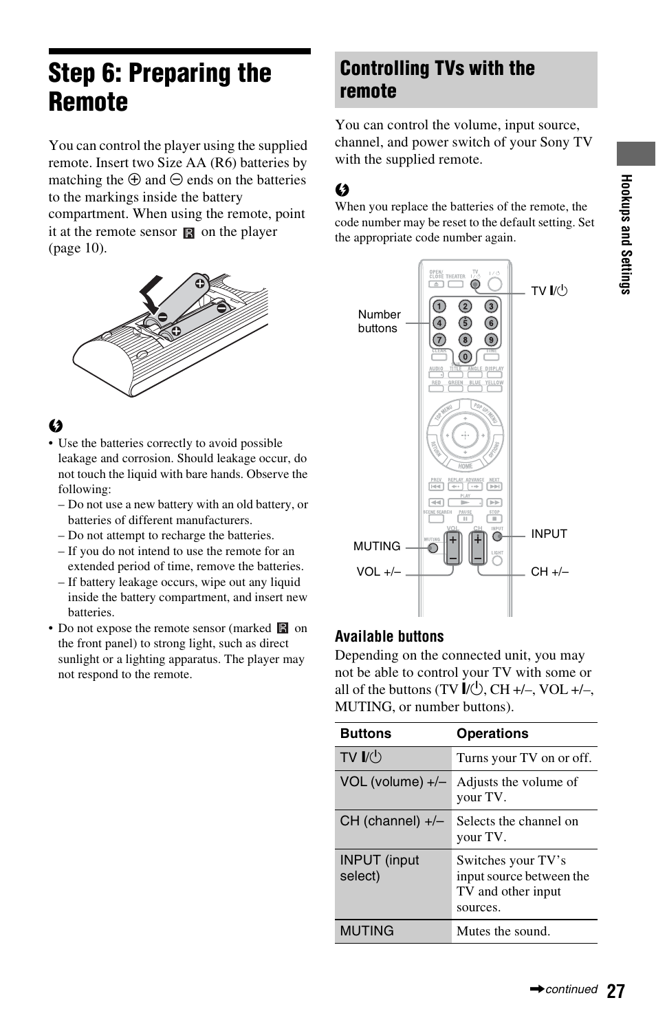 Step 6: preparing the remote, Controlling tvs with the remote | Sony BDP-S550 User Manual | Page 27 / 83