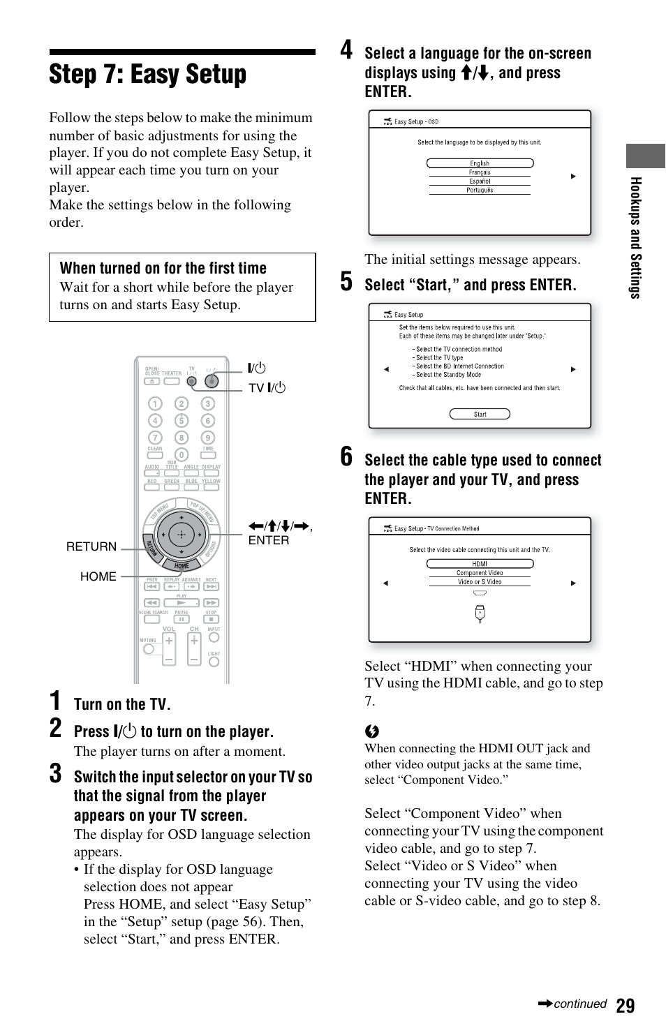 Step 7: easy setup | Sony BDP-S550 User Manual | Page 29 / 83