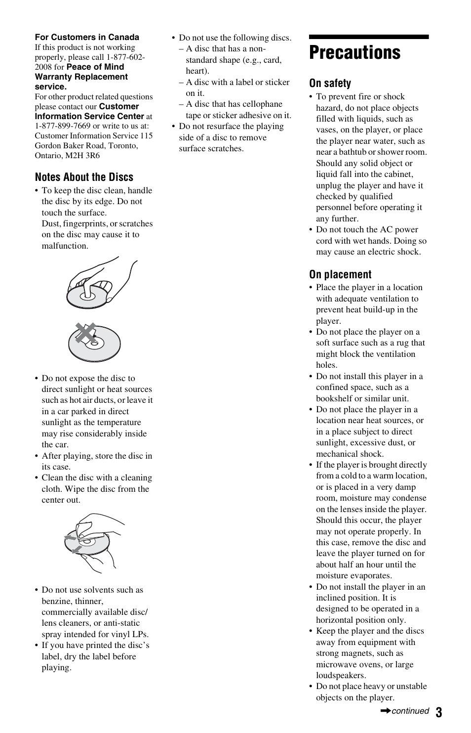 Precautions | Sony BDP-S550 User Manual | Page 3 / 83