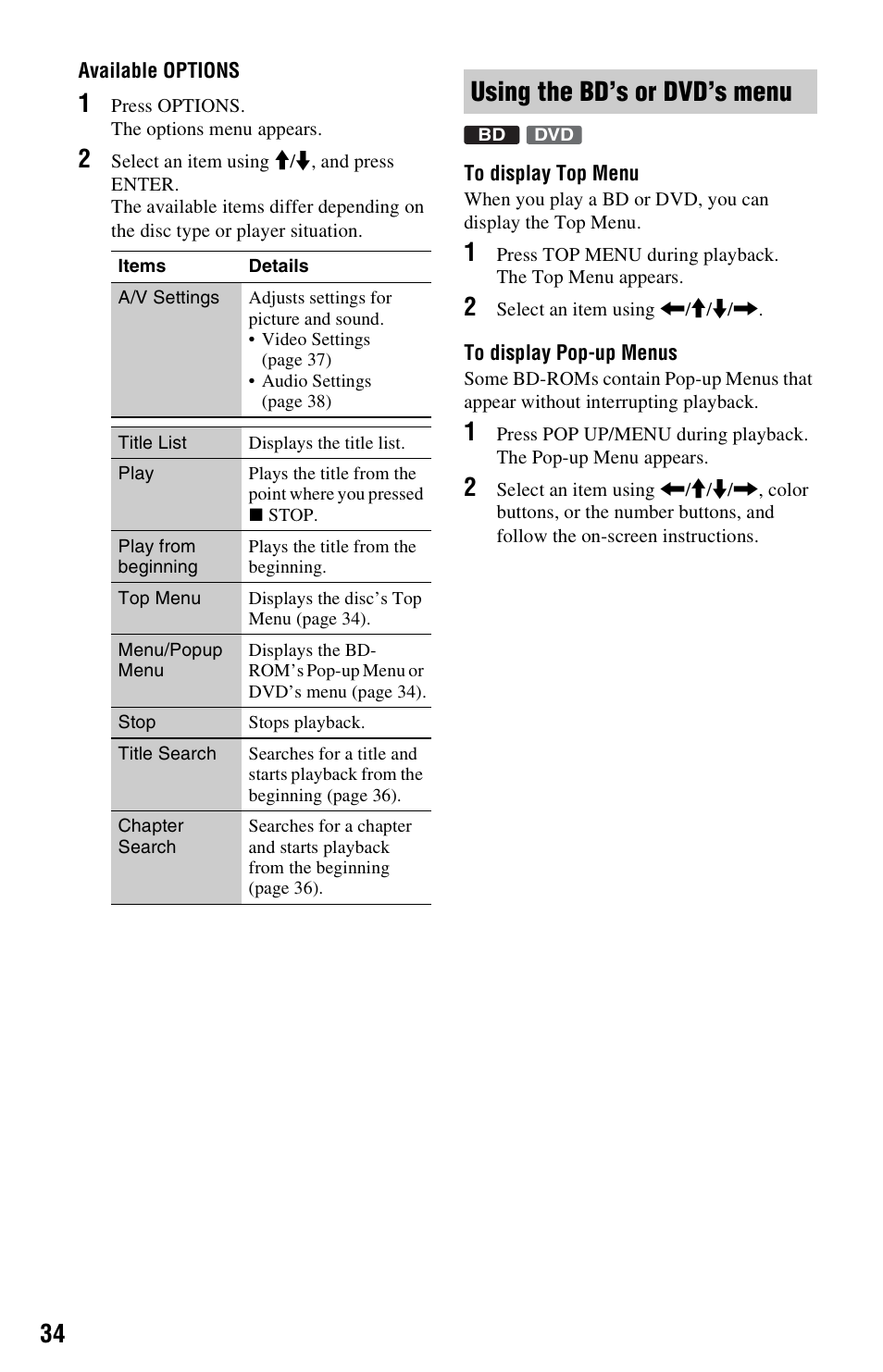 Using the bd’s or dvd’s menu | Sony BDP-S550 User Manual | Page 34 / 83