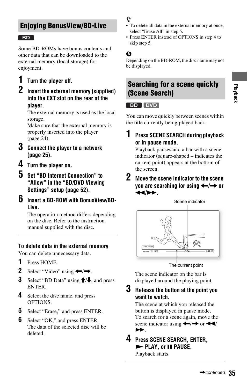 Enjoying bonusview/bd-live, Searching for a scene quickly (scene search) | Sony BDP-S550 User Manual | Page 35 / 83