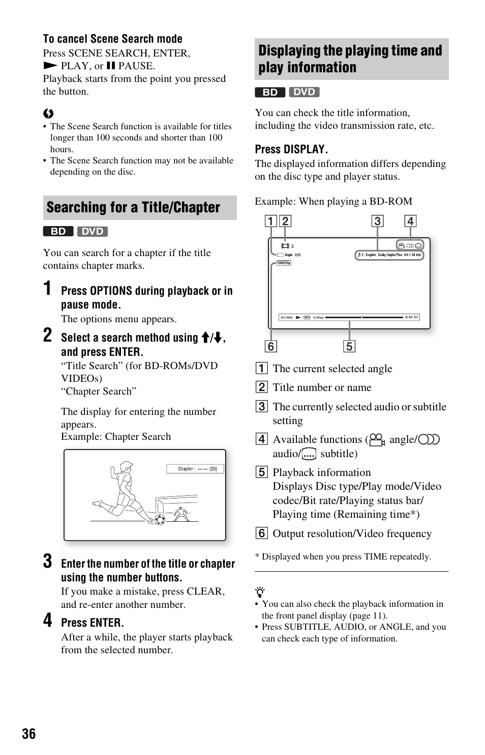 Searching for a title/chapter, Displaying the playing time and play information | Sony BDP-S550 User Manual | Page 36 / 83