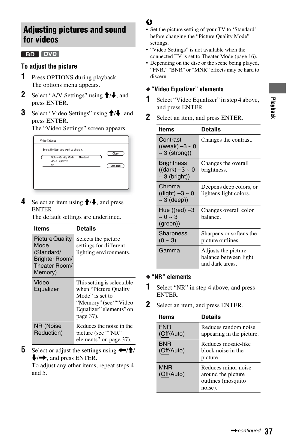 Adjusting pictures and sound for videos | Sony BDP-S550 User Manual | Page 37 / 83