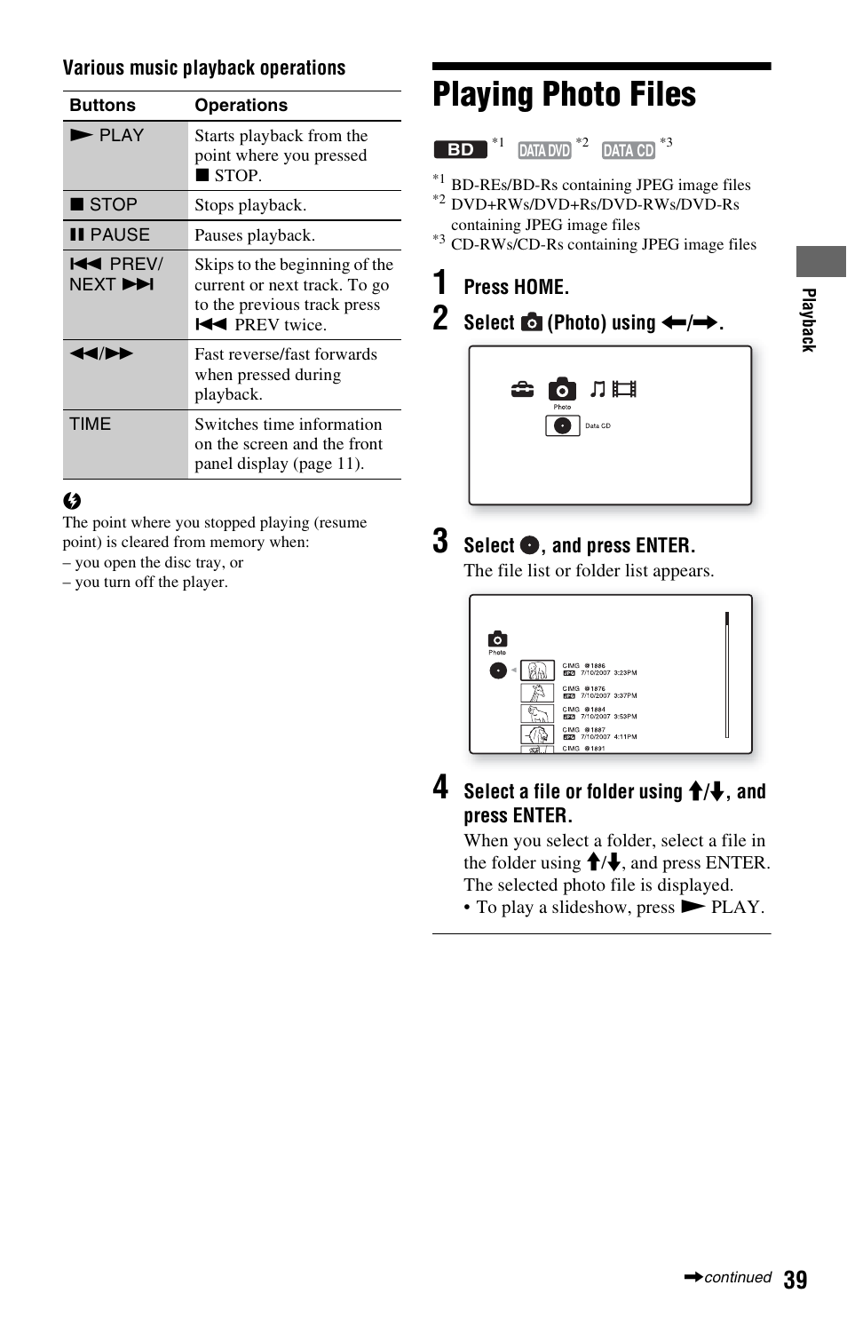 Playing photo files | Sony BDP-S550 User Manual | Page 39 / 83