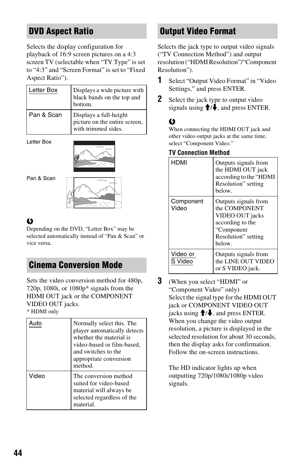 Dvd aspect ratio, Cinema conversion mode, Output video format | Sony BDP-S550 User Manual | Page 44 / 83