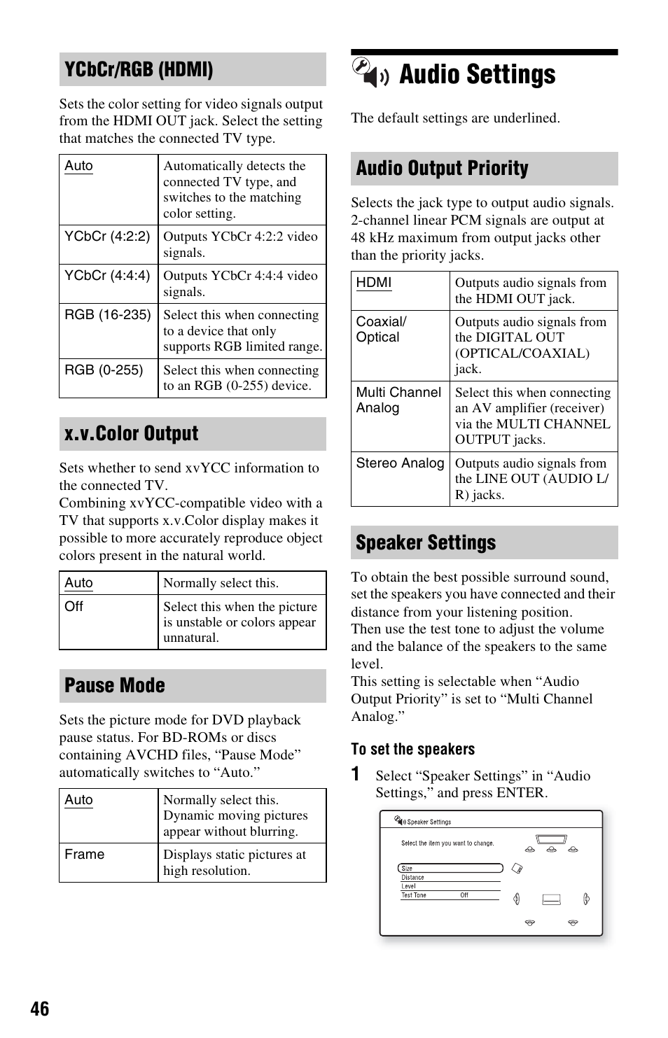 Audio settings, Ycbcr/rgb (hdmi), X.v.color output | Pause mode, Audio output priority, Speaker settings | Sony BDP-S550 User Manual | Page 46 / 83