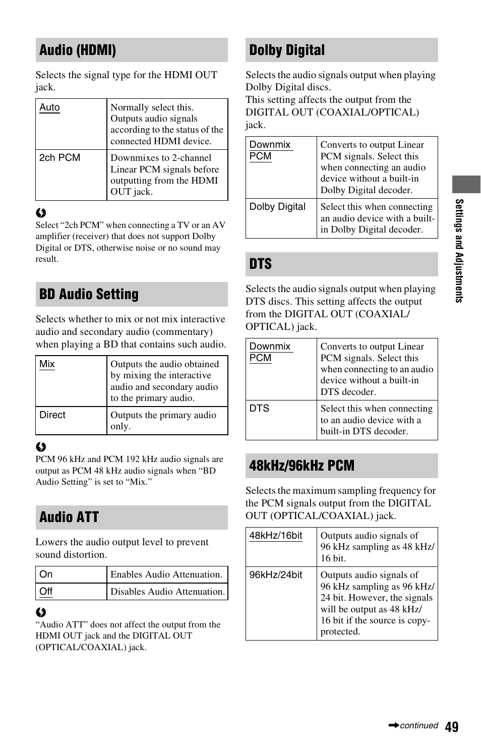 Audio (hdmi), Bd audio setting, Audio att | Dolby digital, 48khz/96khz pcm | Sony BDP-S550 User Manual | Page 49 / 83