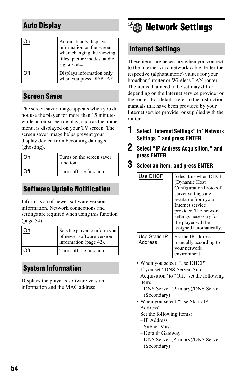 Network settings, Auto display, Screen saver | Software update notification, System information internet settings | Sony BDP-S550 User Manual | Page 54 / 83