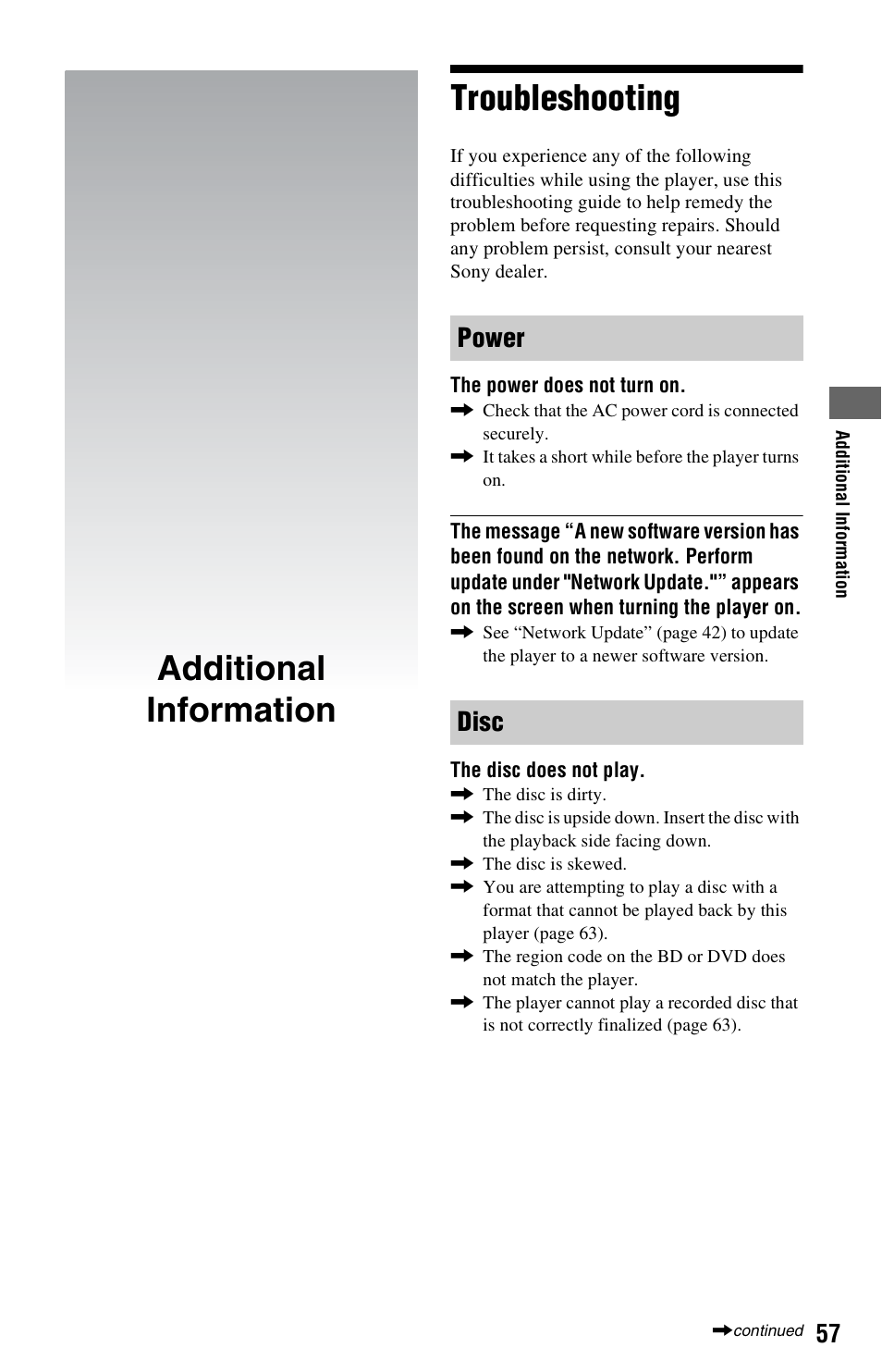 Additional information, Troubleshooting, Additional information troubleshooting | Power disc | Sony BDP-S550 User Manual | Page 57 / 83