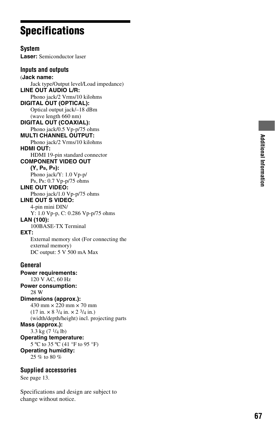 Specifications | Sony BDP-S550 User Manual | Page 67 / 83