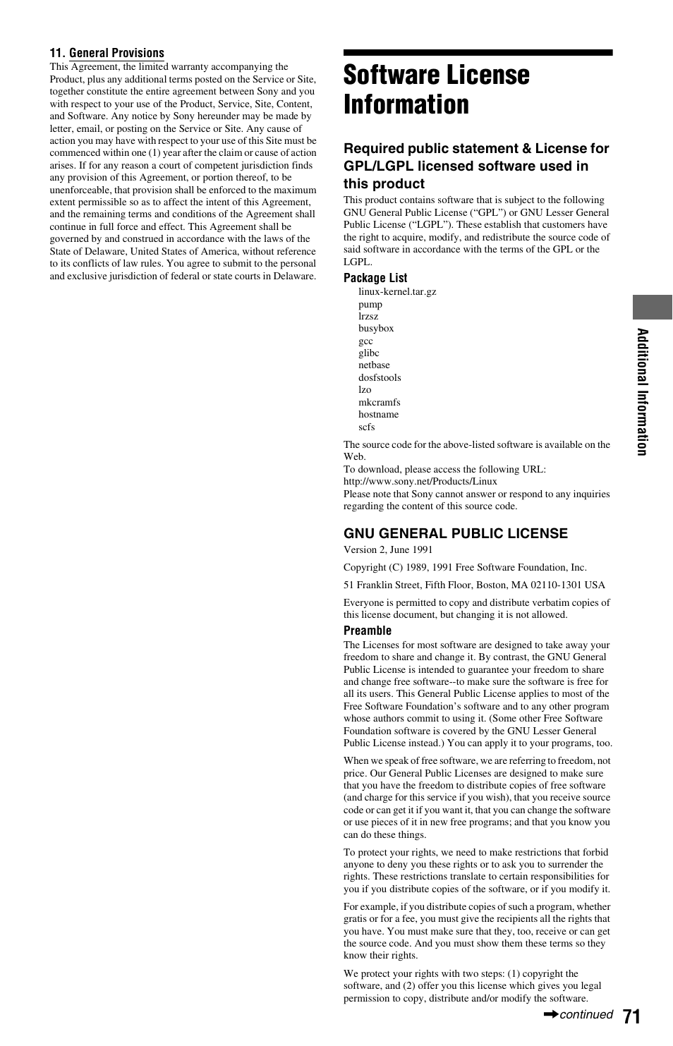 Software license information | Sony BDP-S550 User Manual | Page 71 / 83