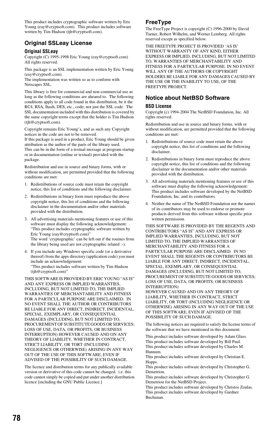 Original ssleay license, Freetype, Notice about netbsd software | Sony BDP-S550 User Manual | Page 78 / 83