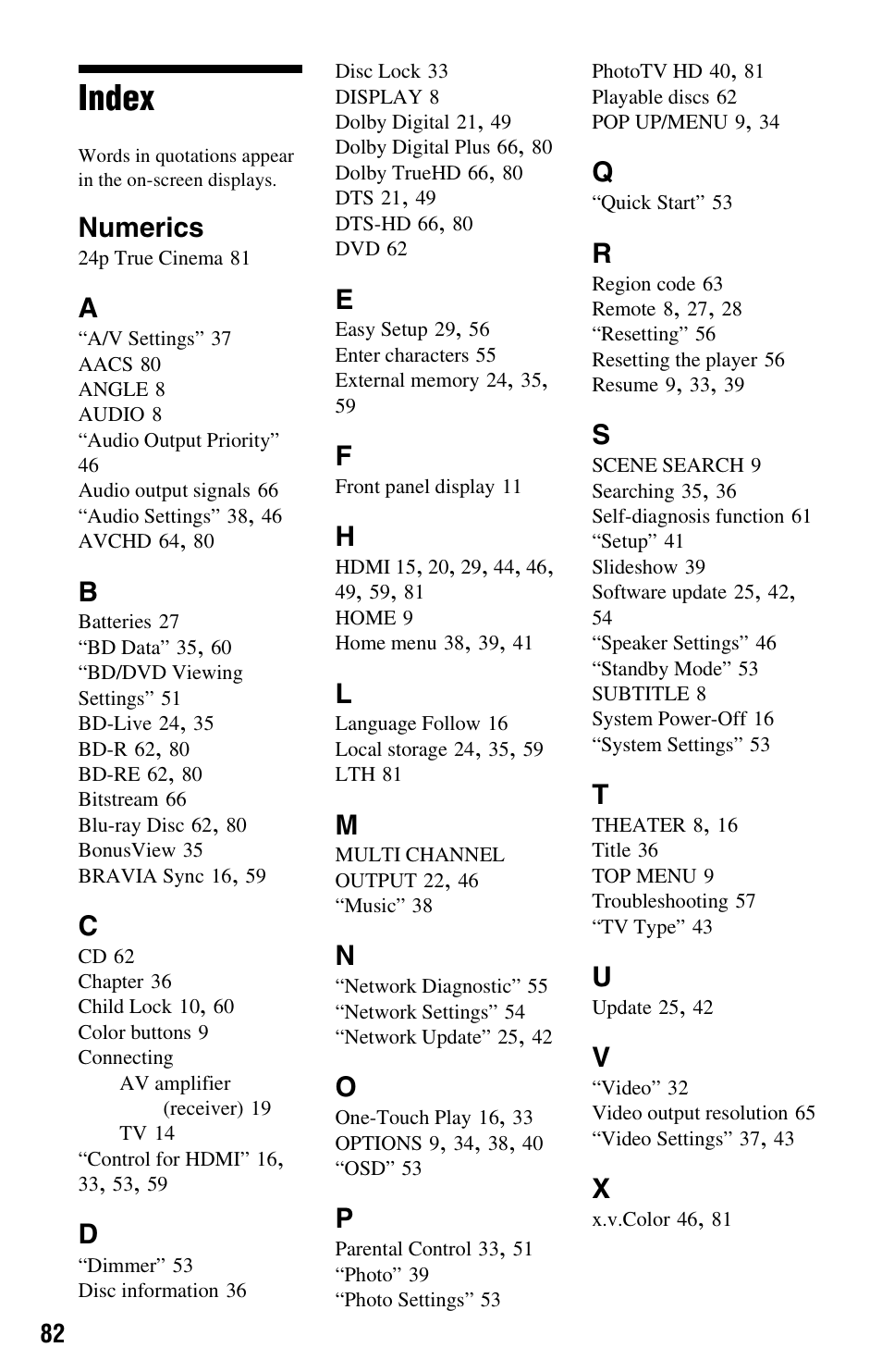 Index, Numerics | Sony BDP-S550 User Manual | Page 82 / 83