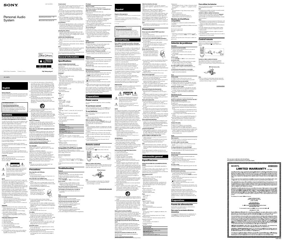 Sony ZS-S3IPBLACKN User Manual | 2 pages