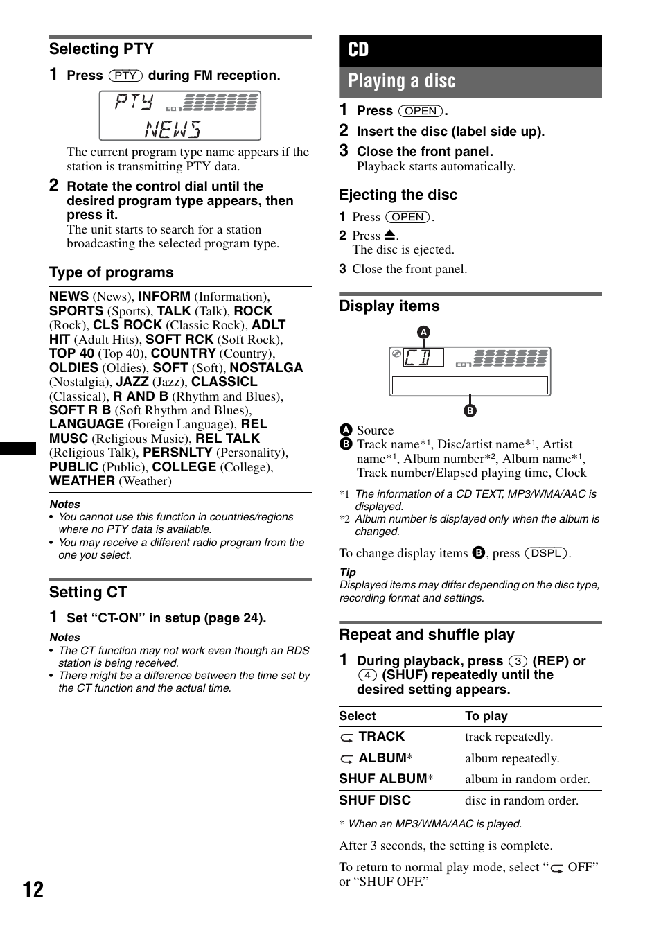 Selecting pty, Setting ct, Playing a disc | Display items, Repeat and shuffle play, Selecting pty setting ct, Display items repeat and shuffle play, Cd playing a disc | Sony CDX-GT65UIW User Manual | Page 12 / 68