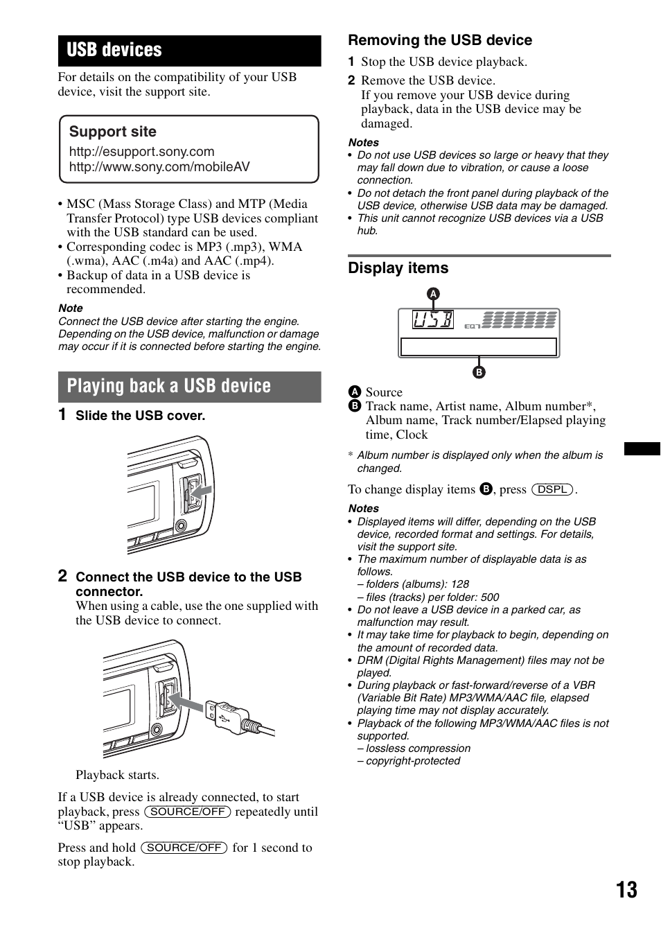 Usb devices, Playing back a usb device, Display items | Sony CDX-GT65UIW User Manual | Page 13 / 68
