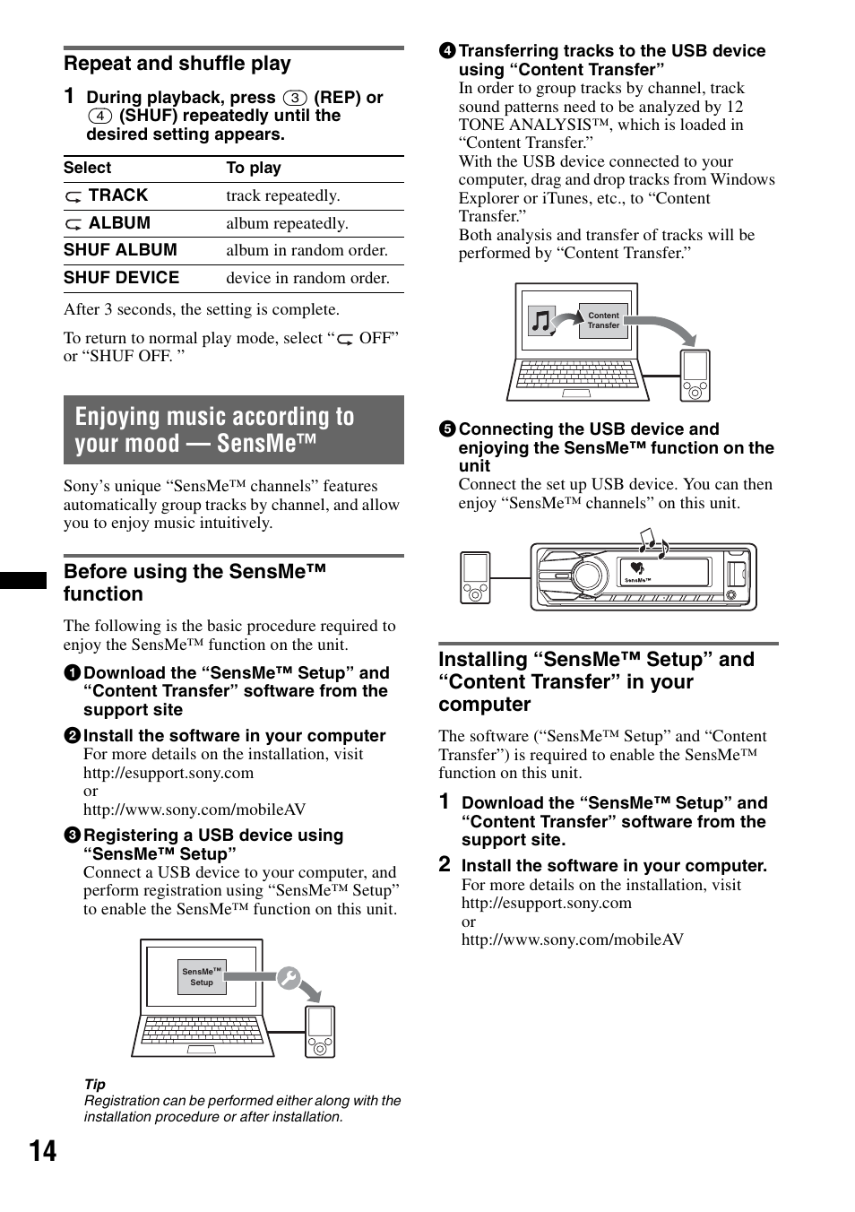 Repeat and shuffle play, Enjoying music according to your mood - sensme, Before using the sensme™ function | Enjoying music according to your mood — sensme | Sony CDX-GT65UIW User Manual | Page 14 / 68