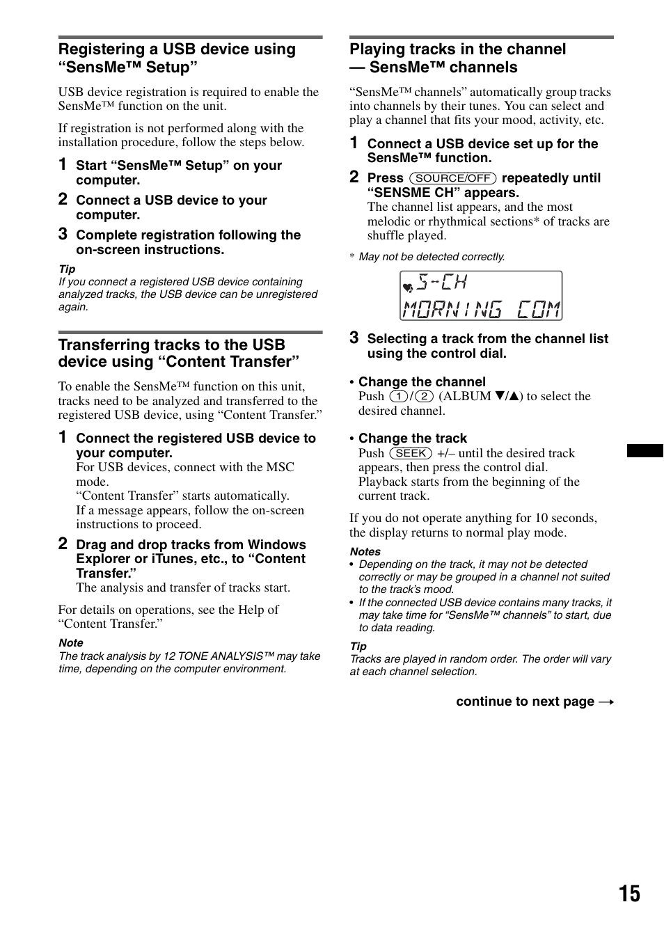 Registering a usb device using “sensme™ setup, Playing tracks in the channel - sensme™ channels | Sony CDX-GT65UIW User Manual | Page 15 / 68