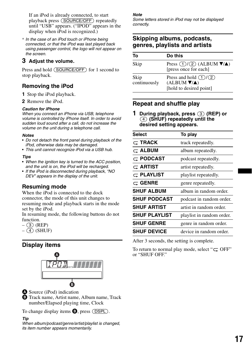 Display items, Repeat and shuffle play | Sony CDX-GT65UIW User Manual | Page 17 / 68