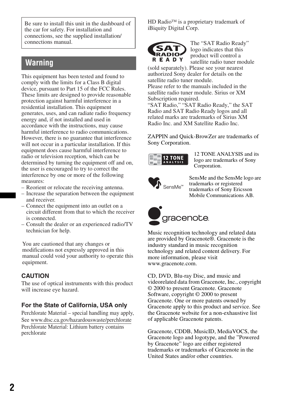 Warning | Sony CDX-GT65UIW User Manual | Page 2 / 68