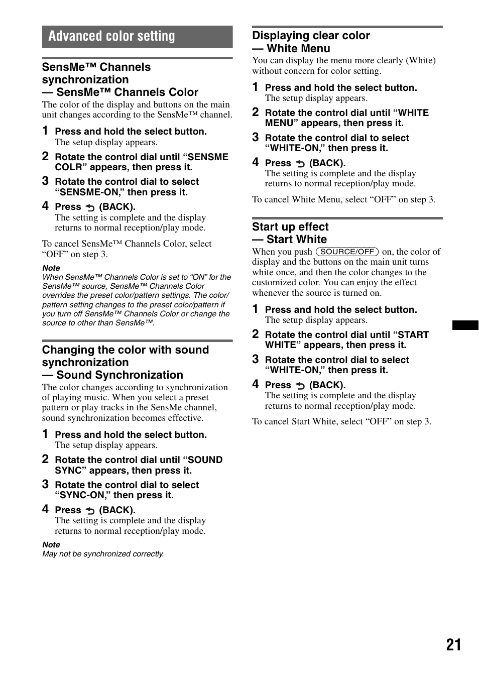 Advanced color setting, Displaying clear color - white menu, Start up effect - start white | Sony CDX-GT65UIW User Manual | Page 21 / 68