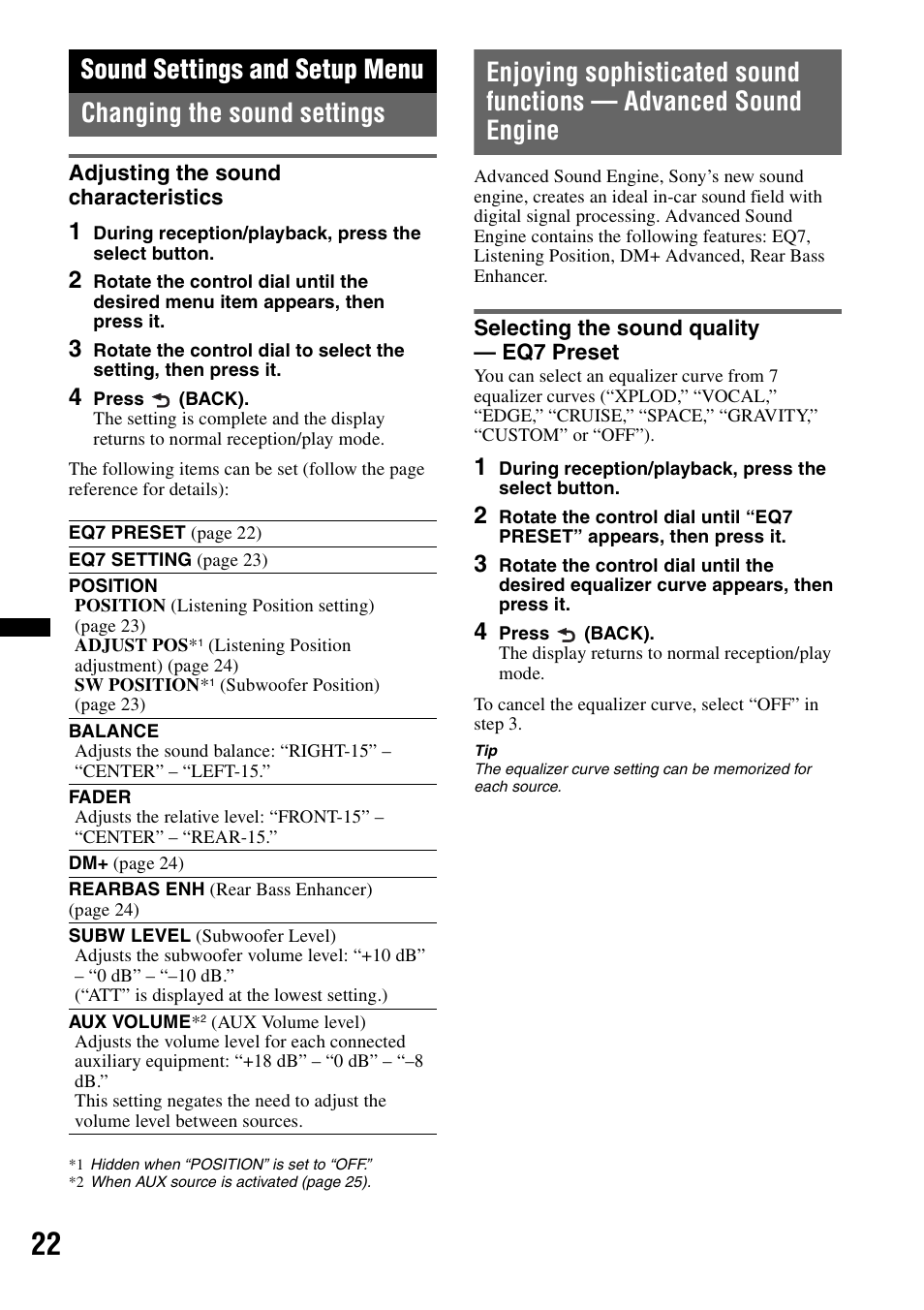 Sound settings and setup menu, Changing the sound settings, Adjusting the sound characteristics | Selecting the sound quality - eq7 preset, Selecting the sound quality — eq7 preset | Sony CDX-GT65UIW User Manual | Page 22 / 68