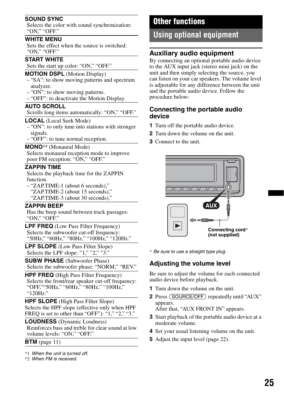 Other functions, Using optional equipment, Auxiliary audio equipment | Other functions using optional equipment | Sony CDX-GT65UIW User Manual | Page 25 / 68