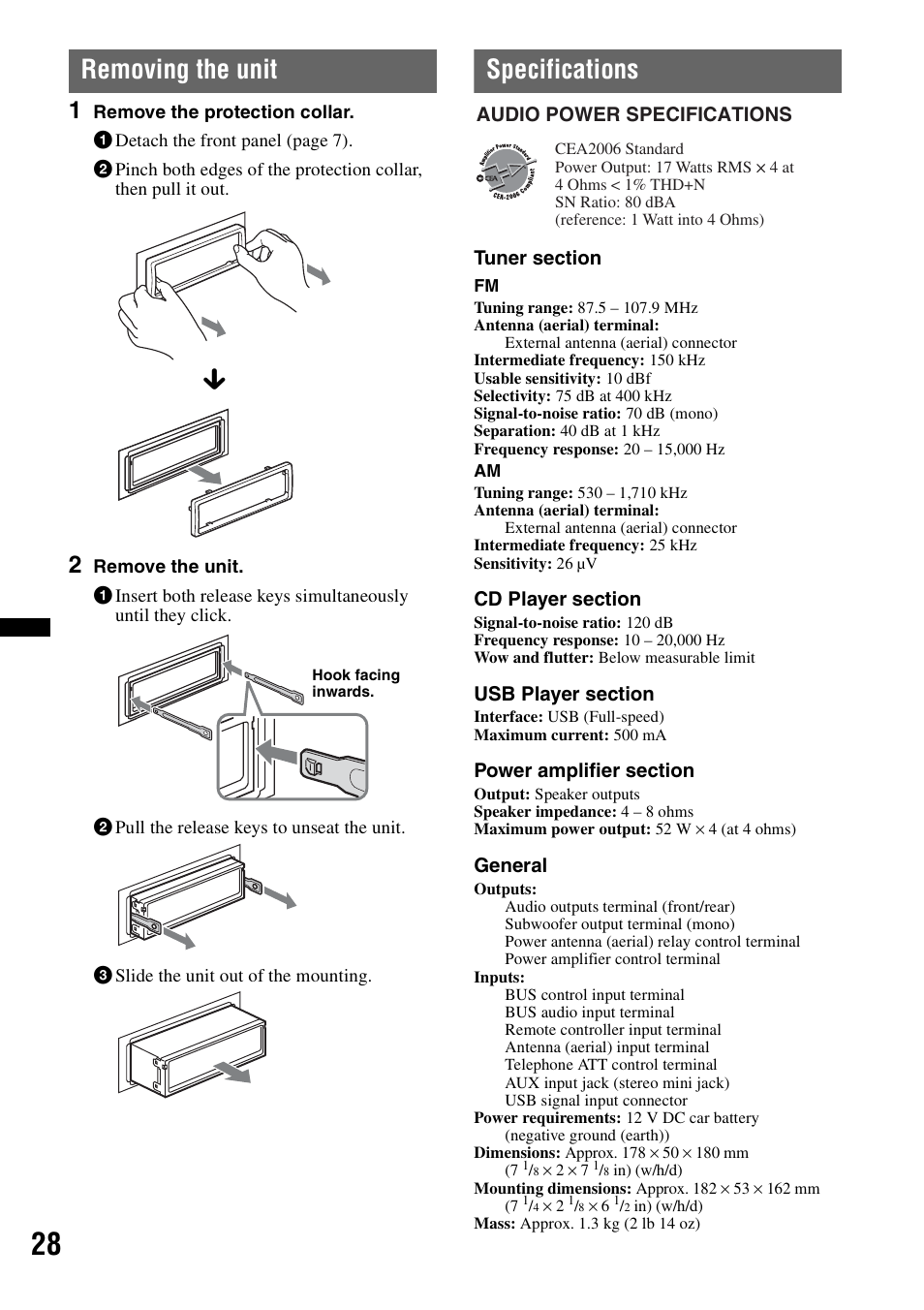 Removing the unit, Specifications, Removing the unit specifications | Sony CDX-GT65UIW User Manual | Page 28 / 68
