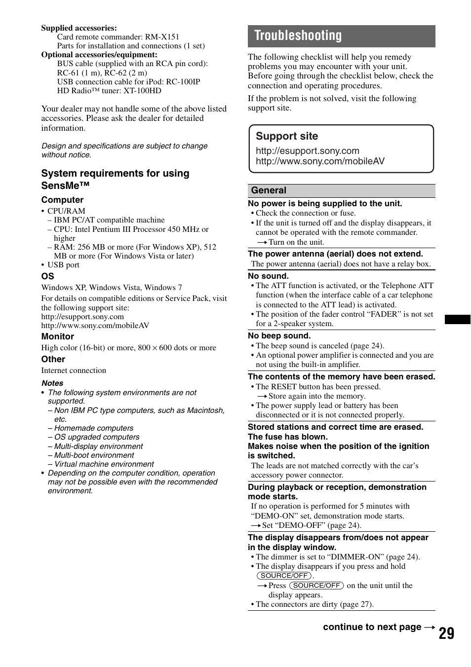 Troubleshooting, Support site | Sony CDX-GT65UIW User Manual | Page 29 / 68