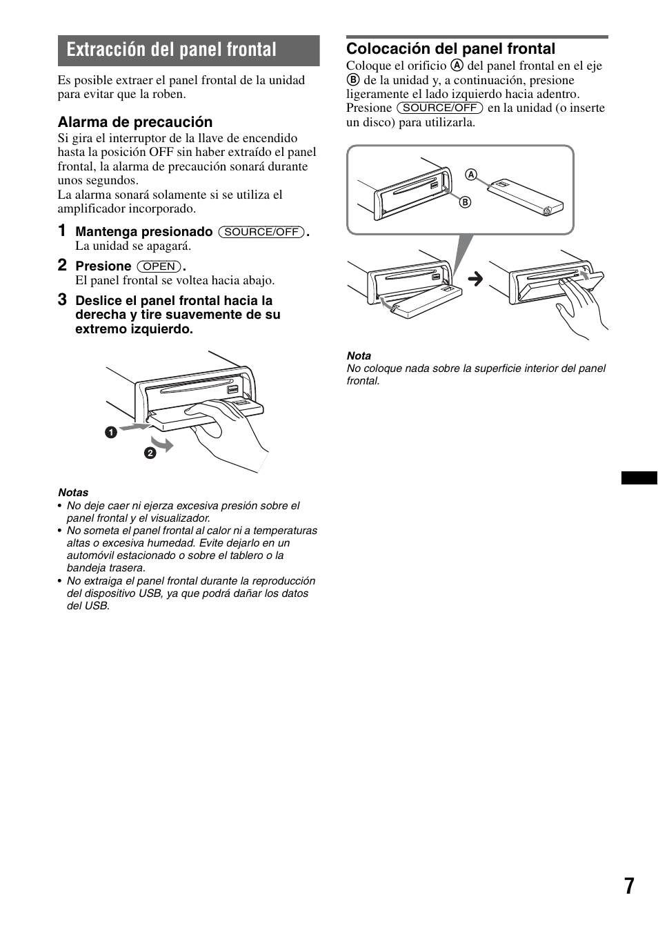 Extracción del panel frontal, Colocación del panel frontal | Sony CDX-GT65UIW User Manual | Page 37 / 68