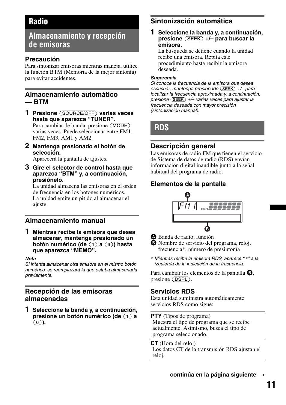 Radio, Almacenamiento y recepción de emisoras, Almacenamiento automático - btm | Almacenamiento manual, Recepción de las emisoras almacenadas, Sintonización automática, Descripción general, Radio almacenamiento y recepción de emisoras | Sony CDX-GT65UIW User Manual | Page 41 / 68