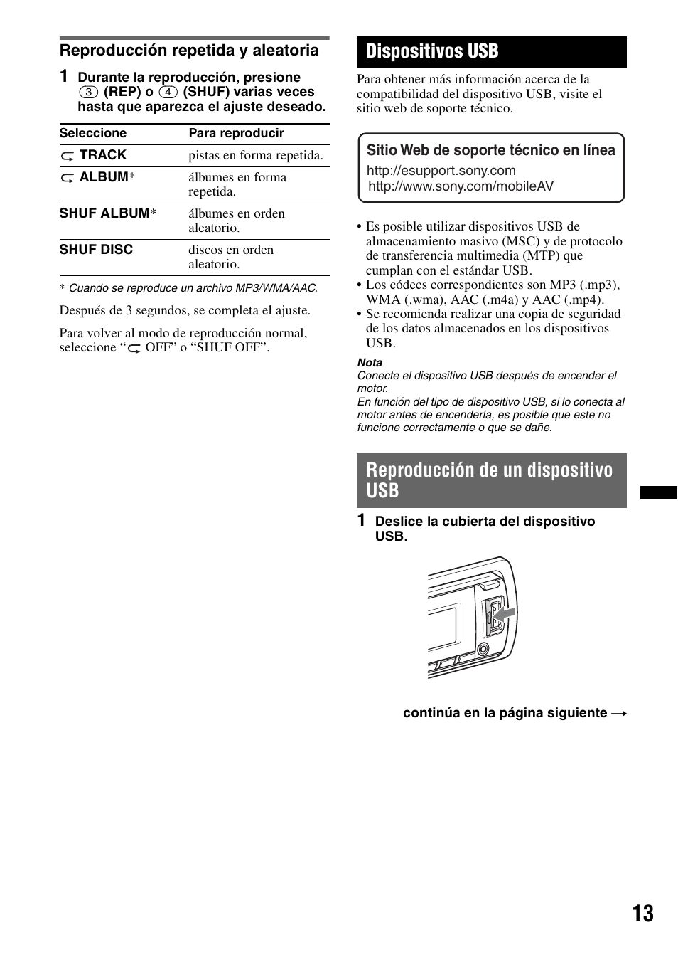 Reproducción repetida y aleatoria, Dispositivos usb, Reproducción de un dispositivo usb | Sony CDX-GT65UIW User Manual | Page 43 / 68