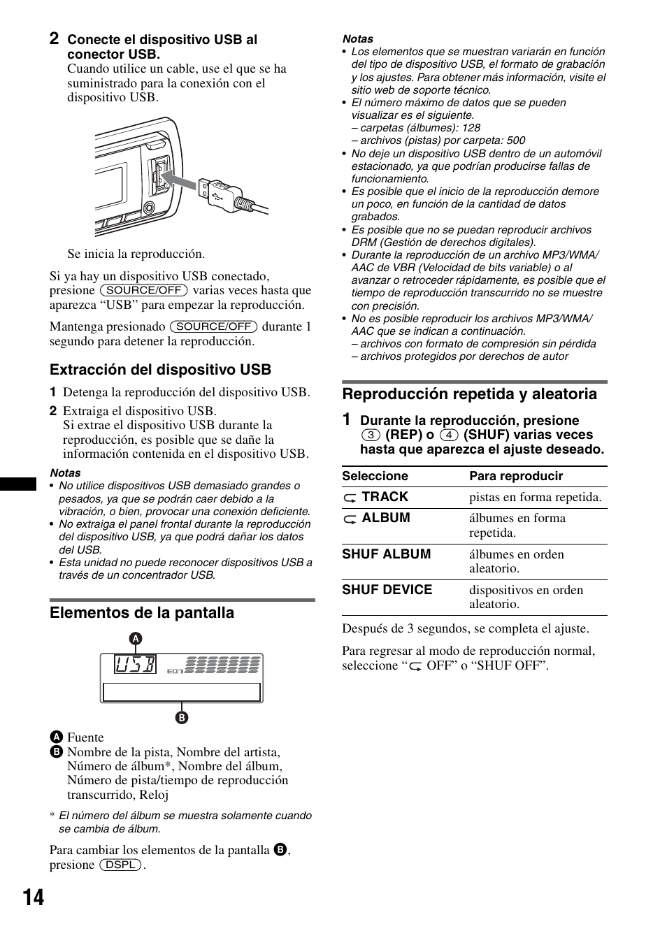 Elementos de la pantalla, Reproducción repetida y aleatoria | Sony CDX-GT65UIW User Manual | Page 44 / 68