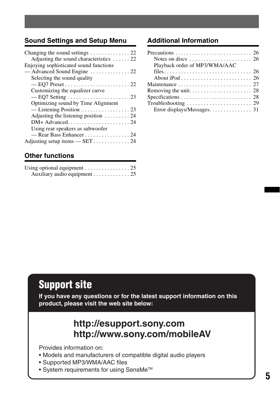 Support site | Sony CDX-GT65UIW User Manual | Page 5 / 68