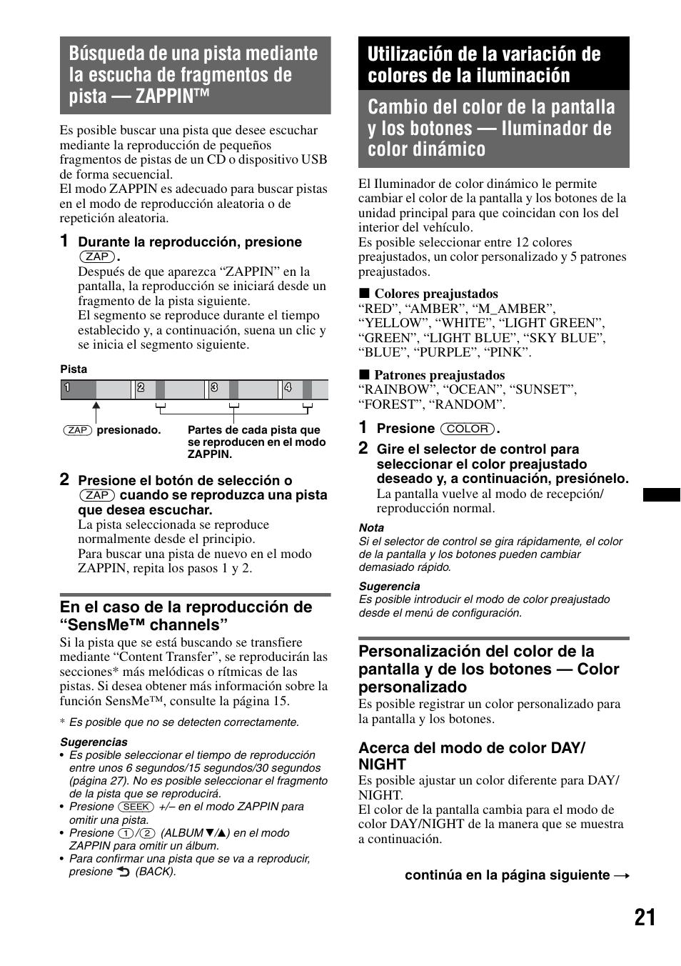 En el caso de la reproducción de “sensme™ channels | Sony CDX-GT65UIW User Manual | Page 51 / 68
