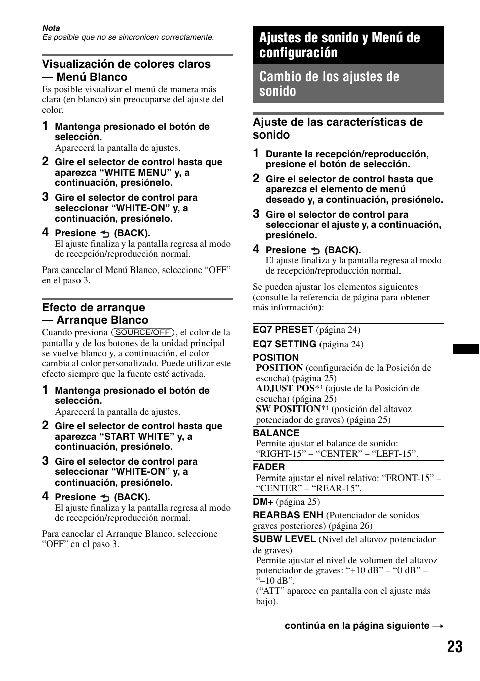 Visualización de colores claros - menú blanco, Efecto de arranque - arranque blanco, Ajustes de sonido y menú de configuración | Cambio de los ajustes de sonido, Ajuste de las características de sonido | Sony CDX-GT65UIW User Manual | Page 53 / 68