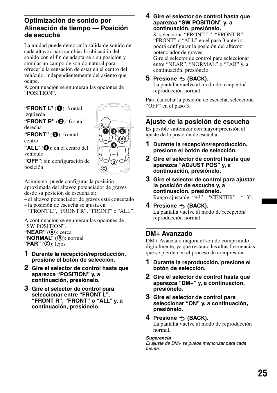 Ajuste de la posición de escucha, Dm+ avanzado | Sony CDX-GT65UIW User Manual | Page 55 / 68