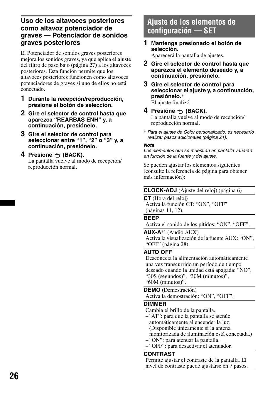 Ajuste de los elementos de configuración - set, Ajuste de los elementos de configuración — set | Sony CDX-GT65UIW User Manual | Page 56 / 68