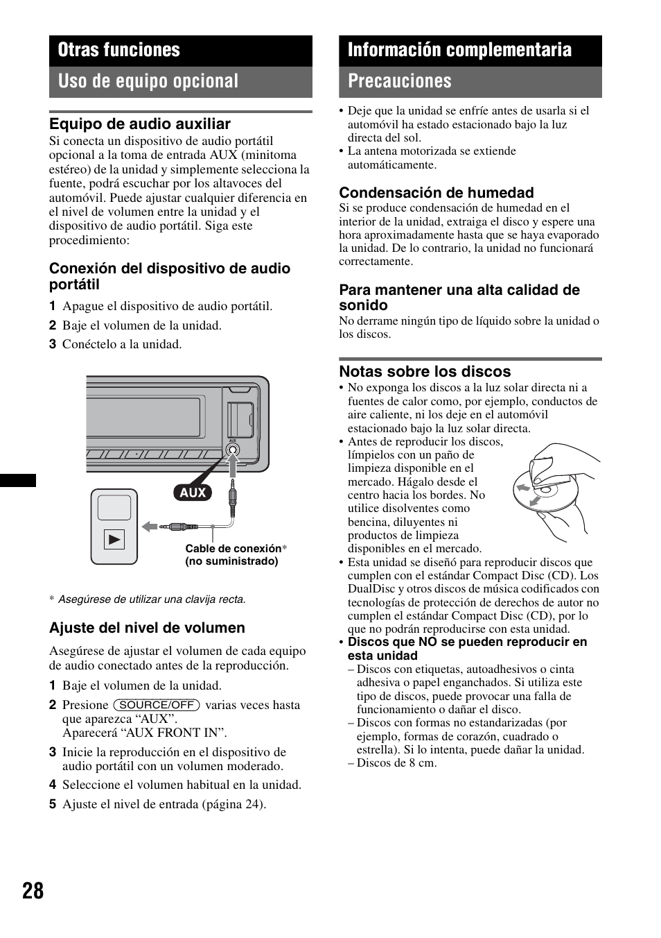 Otras funciones, Uso de equipo opcional, Equipo de audio auxiliar | Información complementaria, Precauciones, Notas sobre los discos, Otras funciones uso de equipo opcional, Información complementaria precauciones | Sony CDX-GT65UIW User Manual | Page 58 / 68