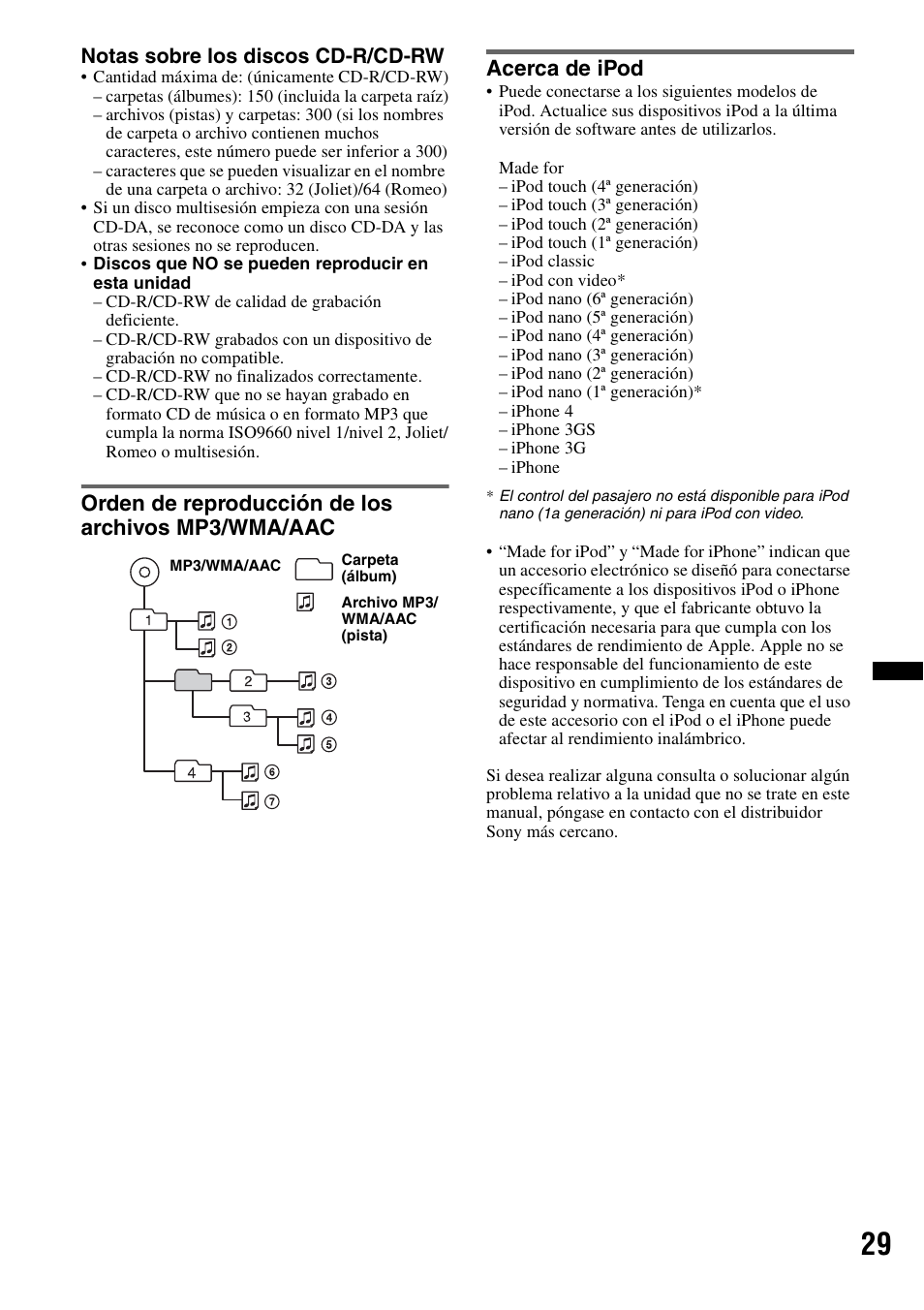 Orden de reproducción de los archivos mp3/wma/aac, Acerca de ipod | Sony CDX-GT65UIW User Manual | Page 59 / 68