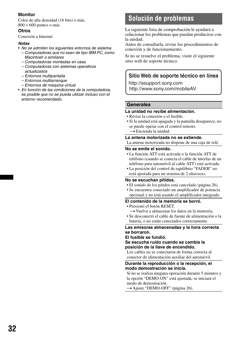 Solución de problemas, Sitio web de soporte técnico en línea | Sony CDX-GT65UIW User Manual | Page 62 / 68