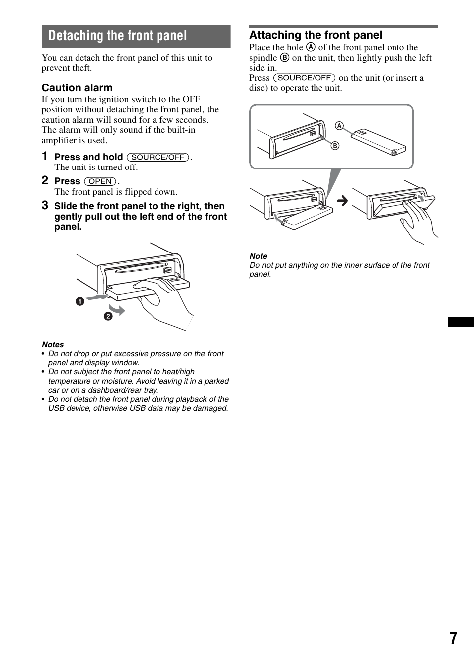 Detaching the front panel, Attaching the front panel | Sony CDX-GT65UIW User Manual | Page 7 / 68