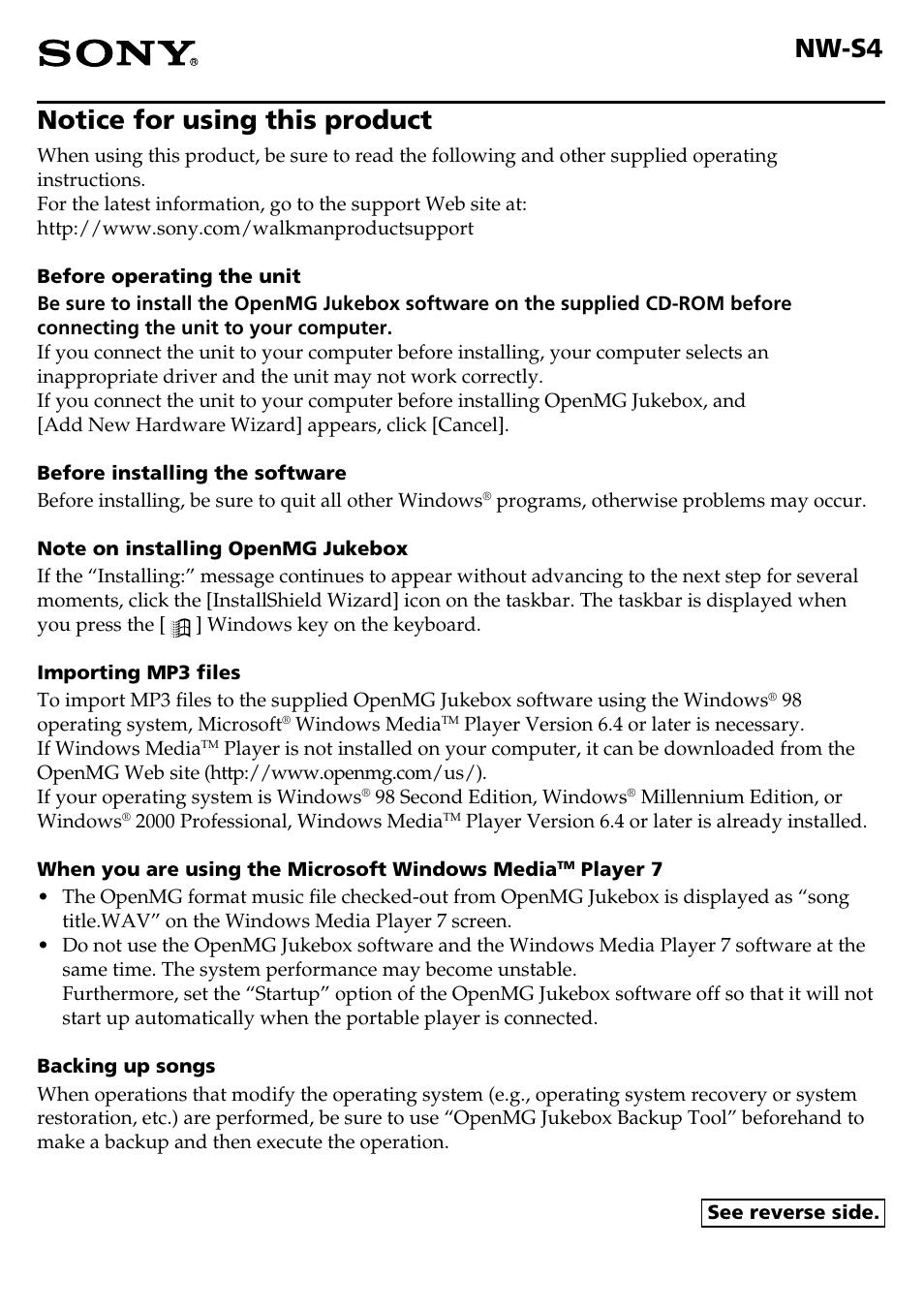 Sony NW-S4 User Manual | 2 pages