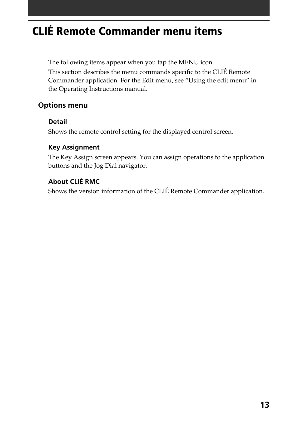 Clié remote commander menu items | Sony PEG-T415 User Manual | Page 13 / 15