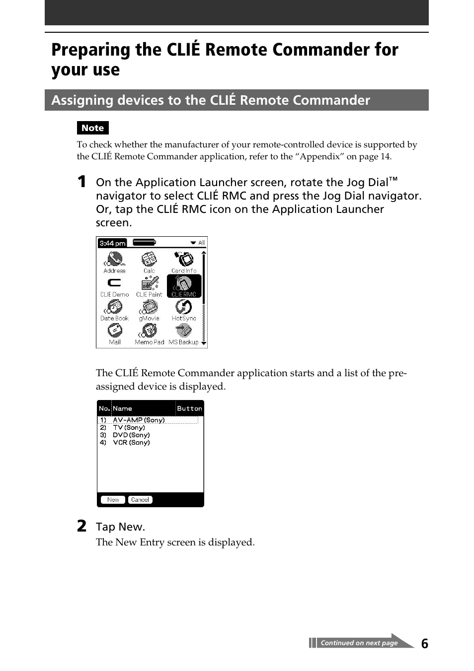 Preparing the clié remote commander for your use, Assigning devices to the clié remote commander | Sony PEG-T415 User Manual | Page 6 / 15