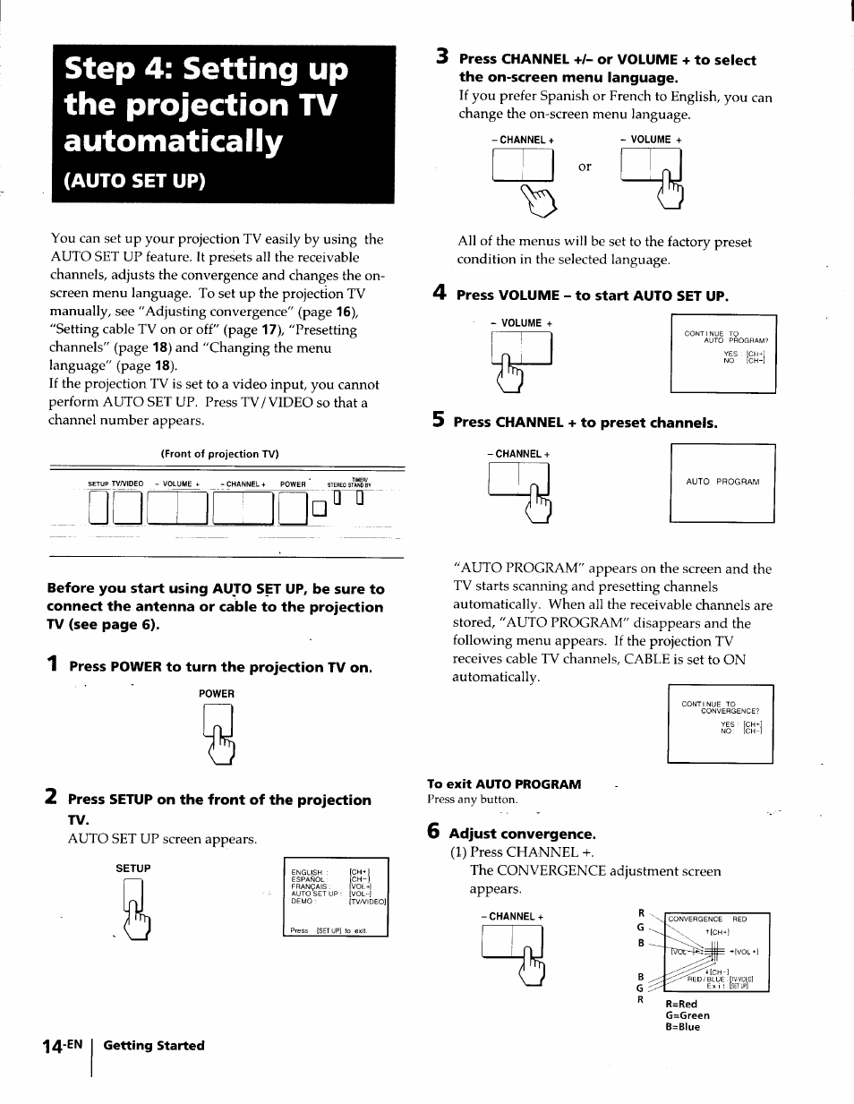 Step 4: setting up the projection tv automatically, 1 press power to turn the projection tv on, 2 press setup on the front of the projection tv | 4 press volume - to start auto set up, 5 press channel + to preset channels, To exit auto program, 6 adjust convergence, Auto set up) | Sony KP-61S65 User Manual | Page 14 / 82