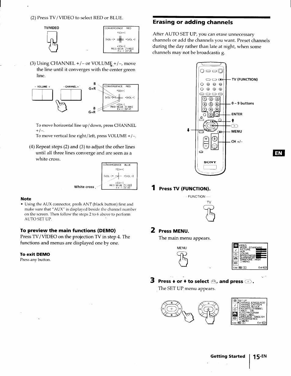 Note, To preview the main functions (demo), To exit demo | Erasing or adding channels, 1 press tv (function), 2 press menu, 3 press 4 or to select and press, Press tv (function), Press menu, Press 4 or to select and press | Sony KP-61S65 User Manual | Page 15 / 82